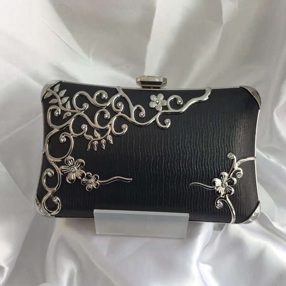 Fabulous Dark Grey Silver Scroll Detail Evening Bag - Picture 4 of 14
